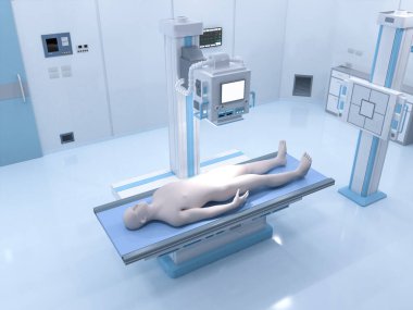 3d rendering x-ray treatment with x-ray scanner machine and model patient