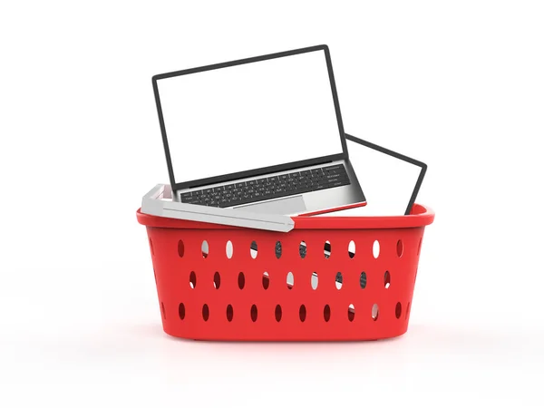 Computer Notebook Shopping Sale Concept Rendering Laptop Red Basket — Stock Photo, Image