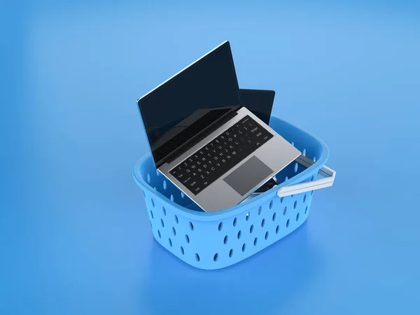Compra Notebook Computador Para Conceito Venda Com Laptop Renderização Cesta — Fotografia de Stock