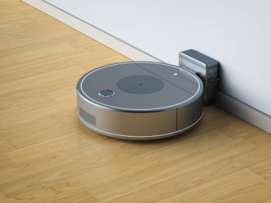 Tahta zemindeki şarj istasyonunda 3 boyutlu robot elektrikli süpürge ya da süpürge.
