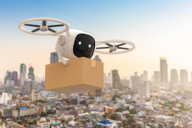 3D dağıtım dronu şehirde karton kutuyla uçuyor.