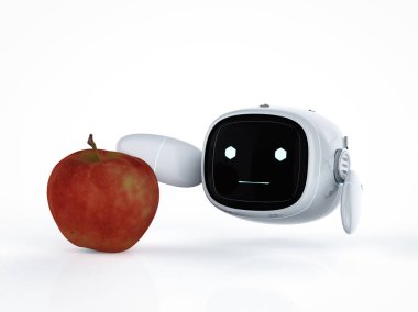 Tarım teknolojisi konsepti ile 3D sevimli yardımcı yapay zeka robotu akıllı çiftlik için kırmızı elmalı bacak