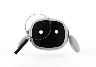 3D sevimli yapay zeka robotu ile otomatik arama motoru. Büyüteçle bacağı yok.