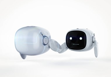 3D görüntüleme sevimli asistan yapay zeka robot Çizgi film karakteri el sıkışma ile bacak