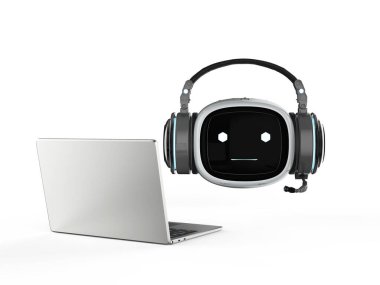 3D sevimli asistan yapay zeka robotu. Kulaklık ve bilgisayar defteriyle ayak işi yok.