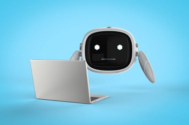 3D görüntüleme sevimli asistanı Yapay Zeka Robotu Çizgi film karakteri ile bilgisayar defteri ile çalışmak
