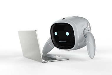 3D görüntüleme sevimli asistanı Yapay Zeka Robotu Çizgi film karakteri ile bilgisayar defteri ile çalışmak