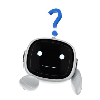 3D sevimli asistan yapay zeka robotu soru işareti olan bacağı yok
