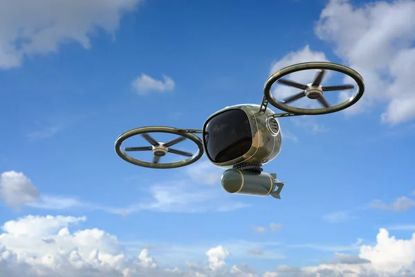 3D渲染军用无人机或伪装机器人 导弹在蓝天中飞行 — 图库照片