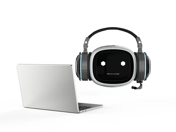 Rendering Cute Assistant Artificial Intelligence Robot Leg Work Headphone Computer — Stock Photo, Image