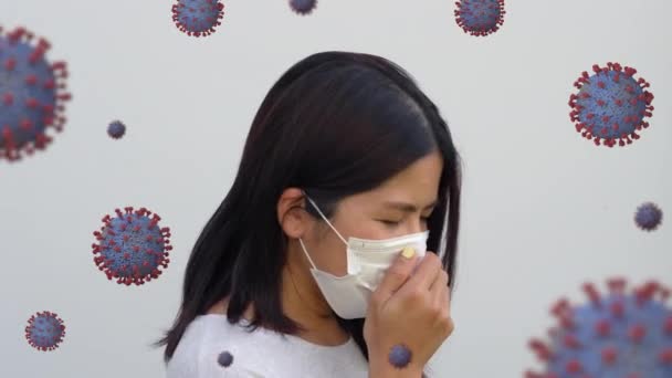 Mulher Asiática Tosse Paciente Com Células Vírus Corona Imagens — Vídeo de Stock