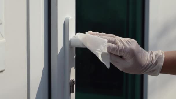 Hushållerskan Städar Med Våtservett Dörrhandtaget — Stockvideo
