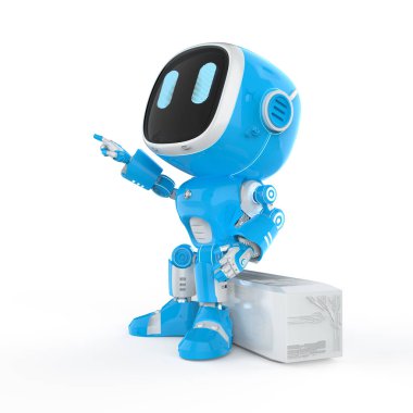 3D görüntüleme sevimli ve küçük yapay zeka asistan robot çizgi film karakteri parmak işareti ve yukarı bakın