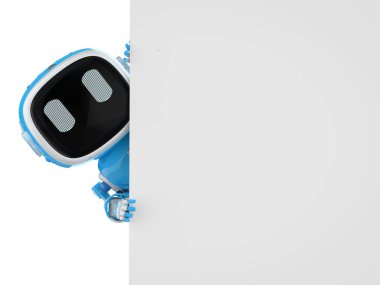 3D görüntüleme sevimli ve küçük yapay zeka yardımcı robot çizgi film karakteri beyaz ve boş nota tutun