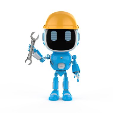 3 boyutlu sevimli ve küçük yapay zeka asistanı robotlu mühendis robot sarı başlık takıyor