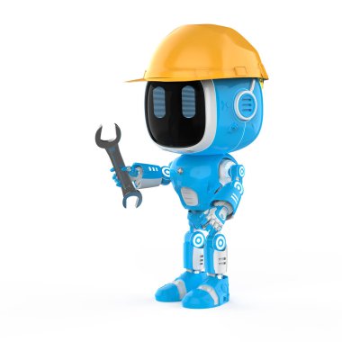 3 boyutlu sevimli ve küçük yapay zeka asistanı robotlu mühendis robot sarı başlık takıyor