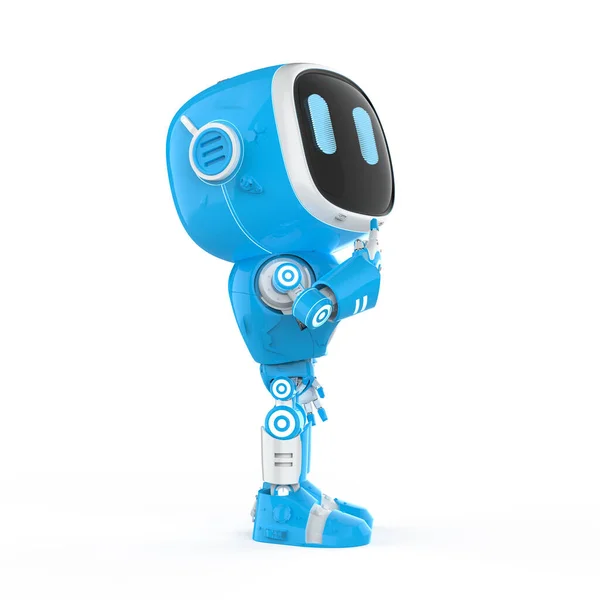 3Dレンダリングかわいいと小さな人工知能アシスタントロボットとともに漫画のキャラクターの考えや分析 — ストック写真