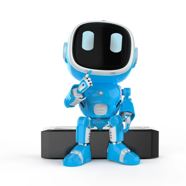 Rendering Cute Small Artificial Intelligence Assistant Robot Cartoon Character Think — Stock Photo, Image