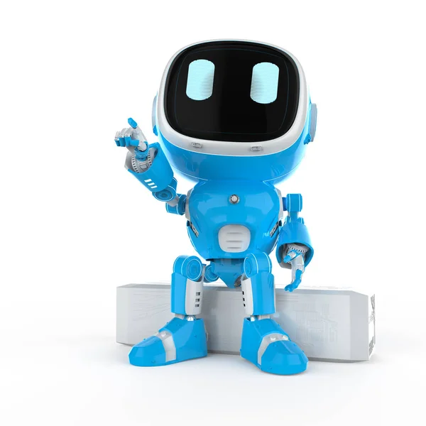 3D渲染可爱的小人工智能机器人与卡通人物手指并向上看 — 图库照片