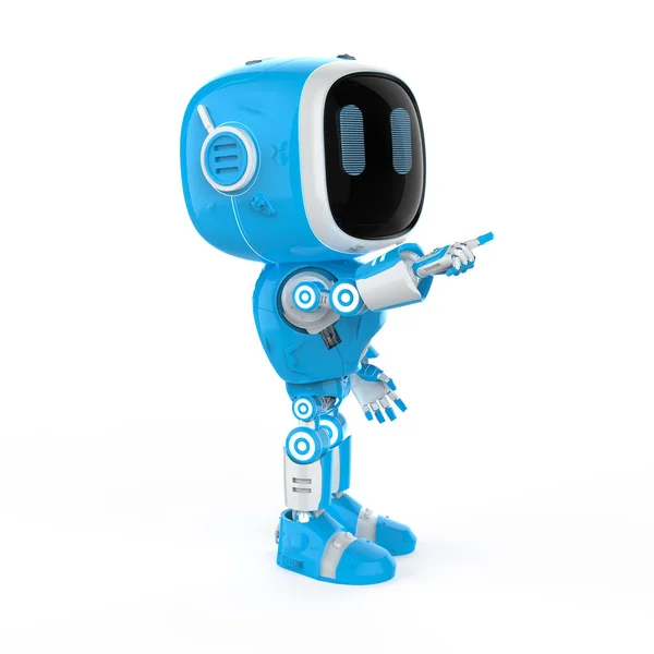 3Dレンダリングかわいいと小さな人工知能アシスタントロボットとともに漫画のキャラクター指ポイント — ストック写真