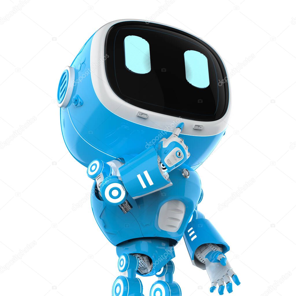 3d rendering cute and small artificial intelligence assistant robot with cartoon character think or analyze