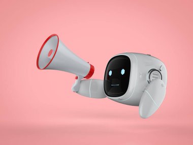 Çevrimiçi pazarlama konsepti 3D küçük ve şirin robotlu bacağı olmayan megafon.
