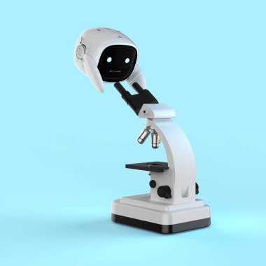 Mikroskop üzerinde çalışan 3 boyutlu suni zeka robotu.