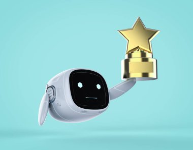3D görüntülü liderlik teknolojisi konsepti küçük ve sevimli asistan robotun elinde altın yıldız kupası tutması