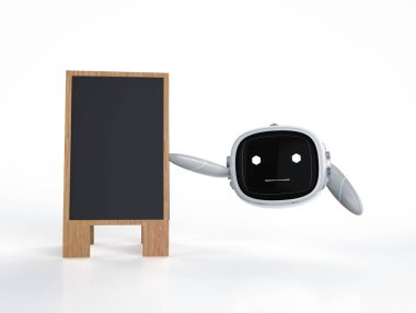 3D sevimli asistan yapay zeka robotu. Siyah tahtası olan bacağı yok.