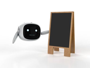 3D sevimli asistan yapay zeka robotu. Siyah tahtası olan bacağı yok.