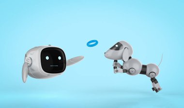 3D görüntüleme sevimli ve küçük yapay zeka robotu köpek robotuyla oynuyor