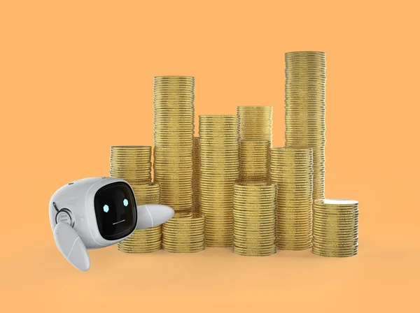 Financial technology concept with 3d rendering small robot with stack of gold coins