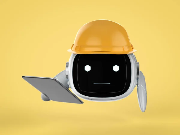 3d rendering cute assistant artificial intelligence engineer  robot no leg with yellow helmet and tablet