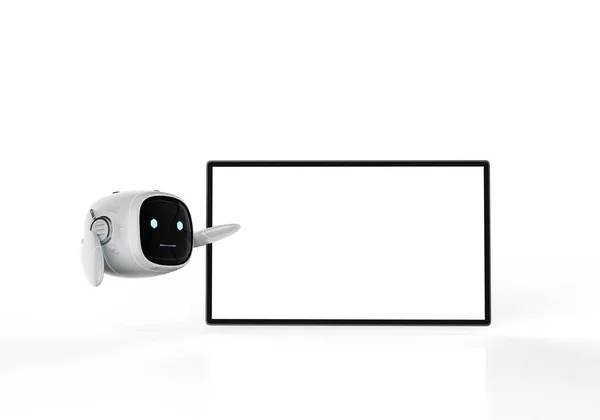 三维渲染可爱的辅助人工智能机器人没有腿与空白屏幕数字平板 — 图库照片