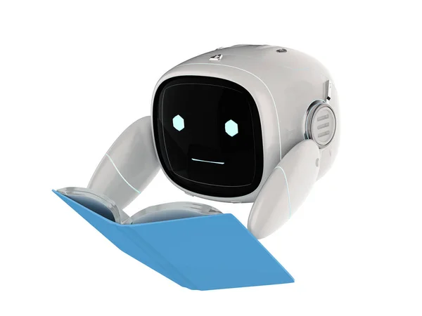 Concepto Aprendizaje Automático Con Robot Amigable Renderizado Leyendo Libro — Foto de Stock