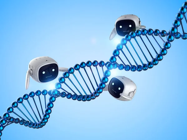 Medical Technology Concept Rendering Cute Small Robot Holding Dna Helix — Foto de Stock
