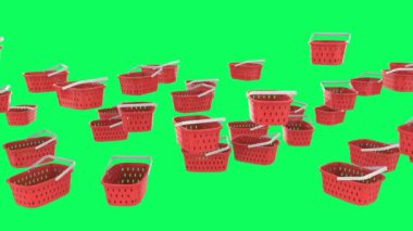3D birçok boş kırmızı sepetin yeşil ekran 4k görüntüsüne düşüşünü görüntülüyor.
