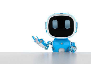 3D renging mavi robotik asistan ya da yapay zeka robotu ile masa arkasında yer