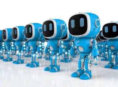 3d rendering group of blue robotic assistants or artificial intelligence robots