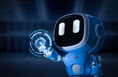 3d rendering blue robotic assistant or artificial intelligence robot with graphic display