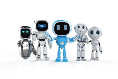 3D görüntüleme grubu mavi robot asistanları veya yapay zeka robotları