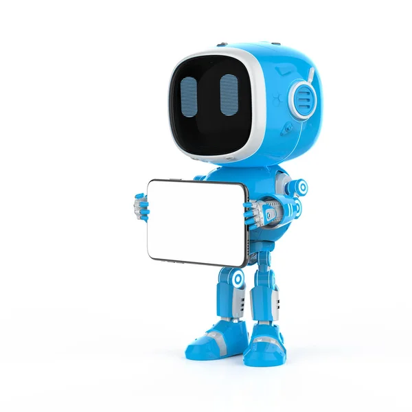 Рендеринг Синий Робот Ассистент Искусственный Интеллект Робот Пустым Экраном Планшета — стоковое фото