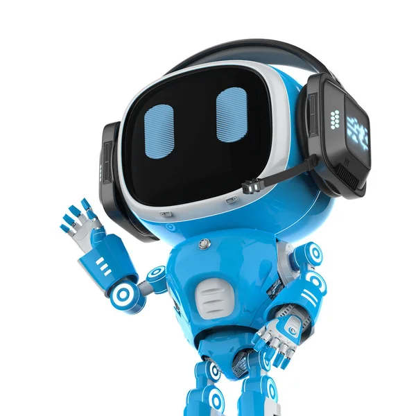 Renderização Azul Robótico Assistente Inteligência Artificial Robô Usar Fone Ouvido — Fotografia de Stock