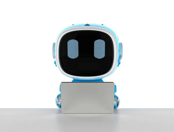 Рендеринг Синий Робот Ассистент Искусственный Интеллект Робот Работать Ноутбуком — стоковое фото