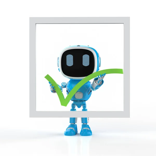 3d rendering blue robotic assistant or artificial intelligence robot with green check mark