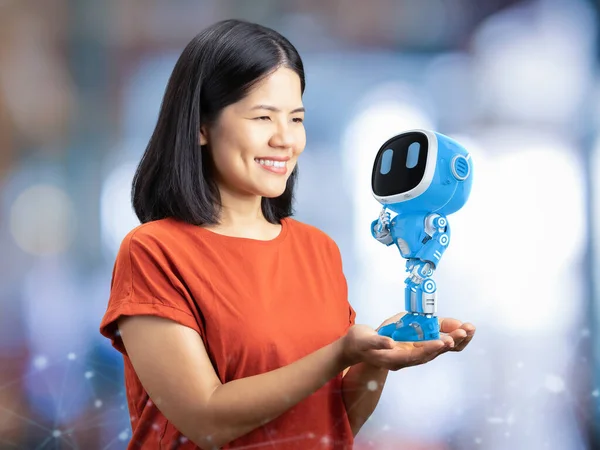 3d rendering small artificial intelligence robot assistant in human hand