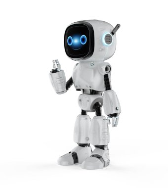 3D sevimli ve küçük yapay zeka asistanı robot çizgi film karakterini selamlamak için kaldırıyor.