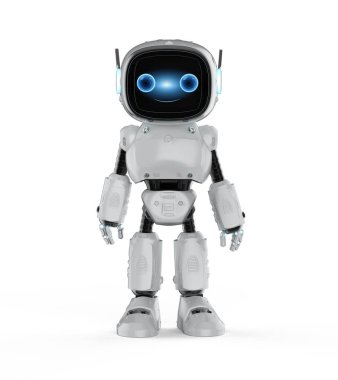 3D görüntüleme şirin ve küçük yapay zeka asistanı robot beyaz arkaplanda çizgi film karakteri tam uzunluğunda