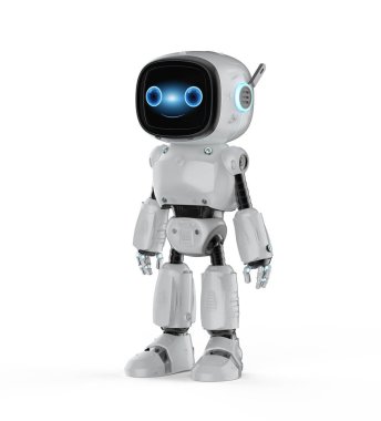 3d rendering cute and small artificial intelligence assistant robot with cartoon character full length on white background