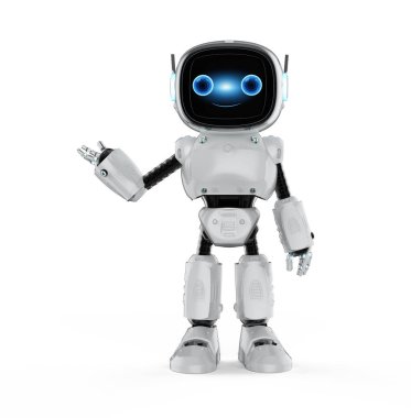 3d rendering cute and small artificial intelligence assistant robot with cartoon character extend hand